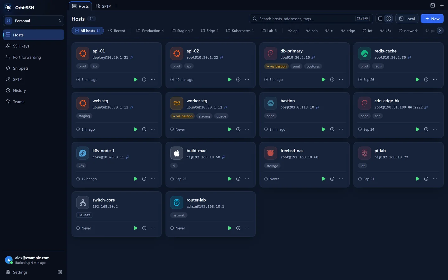 Host library grouped by environment, with distribution icons, tags, jump-host routes and live session status