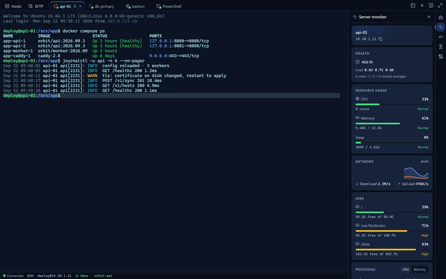 Terminal next to a live server monitor: CPU, memory, network, disks and top processes